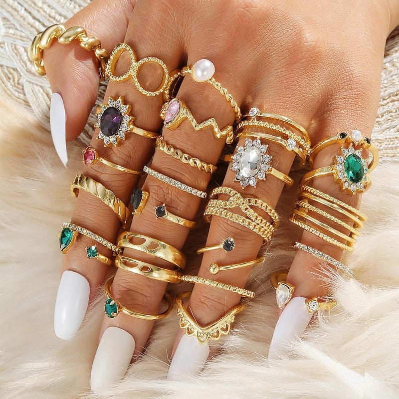 IFKM Gold Plated Jewelry Set for Women,14k Gold Plated Multi Layer Necklaces Stackable Bangle Bracelets Stackable Knuckle Rings Hoop Earrings Set Anniversary Trendy Elegance Charms Anniversary Birthday Jewelry Gift - Image 5